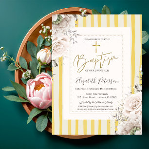 Invitation Croix dorée Roses rayées jaunes Baptême