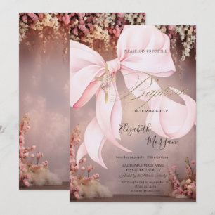 Invitation Croix dorée Ruban rose floral Baptême