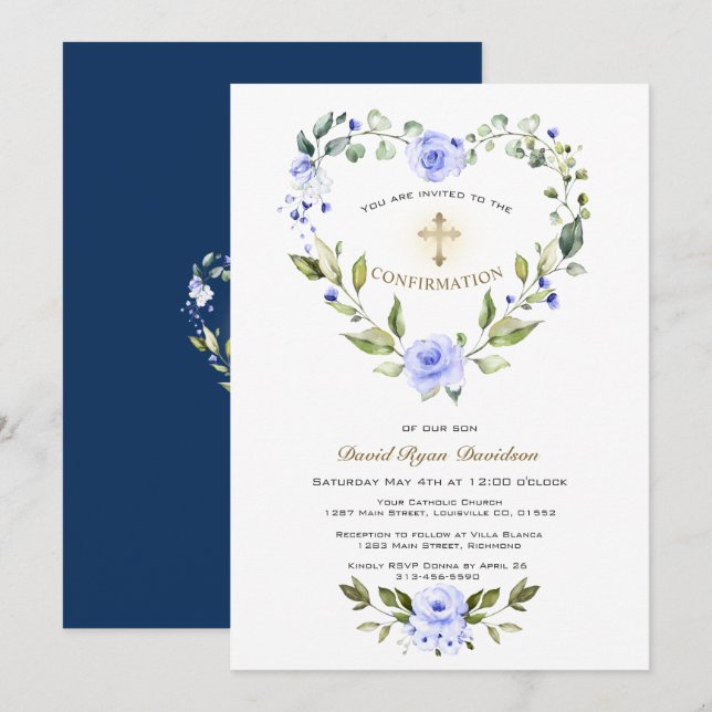 Invitation Croix du cadre du coeur bleu floral Confirmation d (Devant / Derrière)