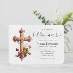 Invitation Croix élégante avec Mémorial aux Fleurs Roses