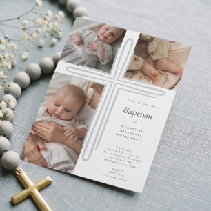 Invitation Croix élégante de photo religieuse de baptême