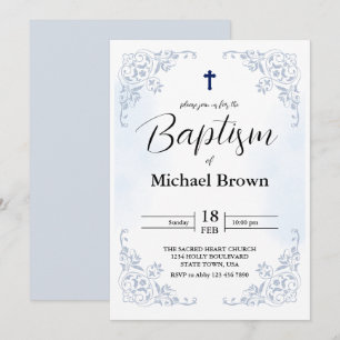 Invitation Croix élégante et simple de baptême catholique ble