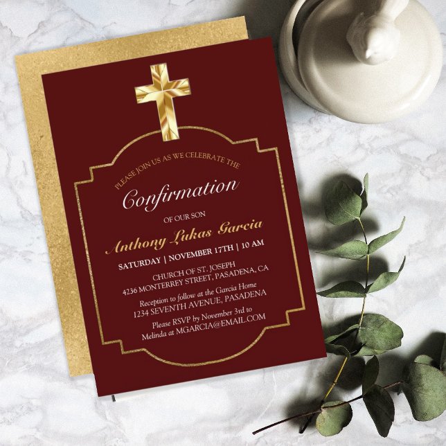 Invitation Croix élégante or bordeaux pour la confirmation de (Créateur téléchargé)