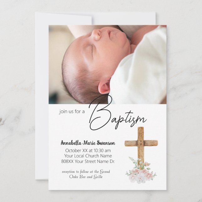 Invitation Croix en bois et photo personnalisée Baptême fille (Devant)
