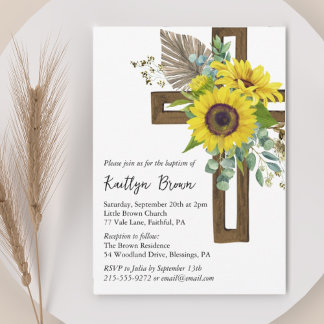 Invitation Croix en bois rustique bohème tournesol Baptême