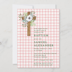 Invitation Croix en bois rustique rouge 007 pour baptême