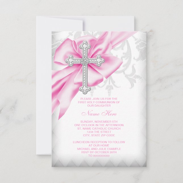 Invitation Croix en damas rose Première Communion (Devant)