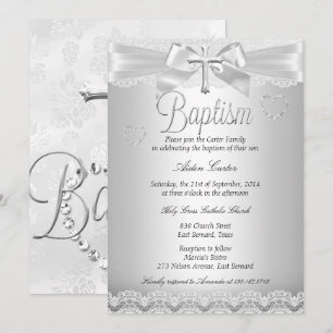 Invitation Croix en dentelle argentée Baptême garçon ou fille