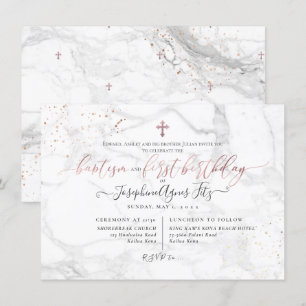 Invitation Croix en or rose Marbre Baptême 1er Anniversaire