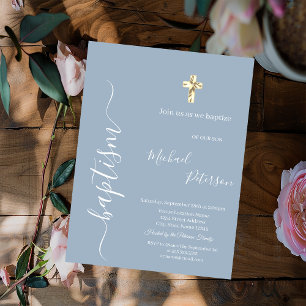 Invitation Croix en Or Simple Minimaliste Baptême Bleu Poussi