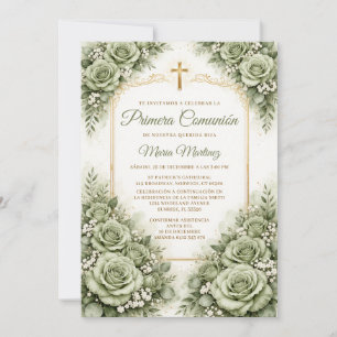 Invitation Croix espagnole de première communion florale vert