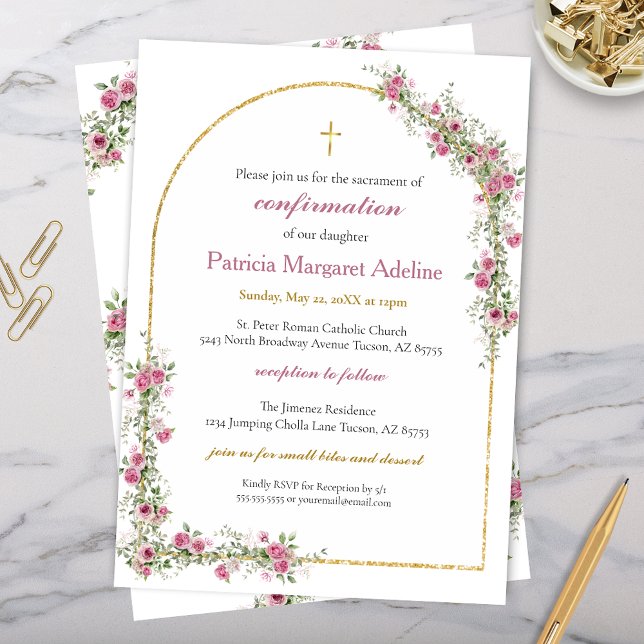 Invitation Croix et Arche de Confirmation en Or Rose Moderne (pink and gold arch confrimation invitations with gold cross and elegant modern floral greenery)