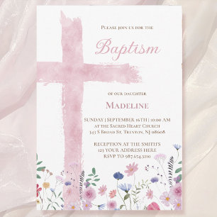 Invitation Croix et fleurs aquarelle rose pour baptême