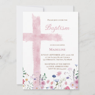 Invitation Croix et fleurs de l'aquarelle rose du baptême