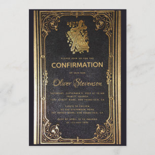 Invitation Croix et Livre de Confirmation Garçon Or Élégant V