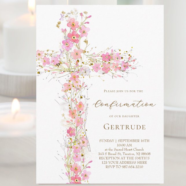Invitation croix fleur sauvage rose Confirmation (Créateur téléchargé)