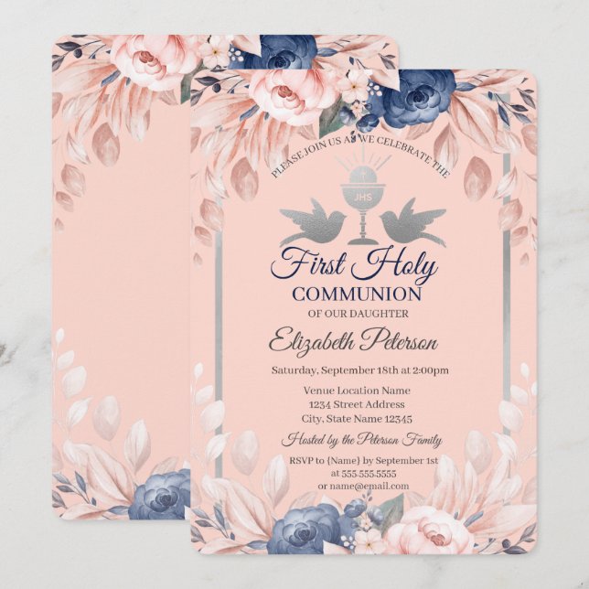 Invitation Croix Fleurs Première Communion sainte (Devant / Derrière)