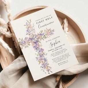 Invitation Croix florale aquarelle Lilas Blush pour la Premiè