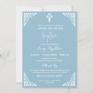 Invitation Croix florale Baptême ciel bleu