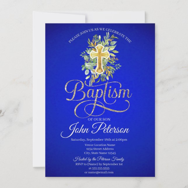 Invitation Croix Florale Baptême Royal Bleu (Devant)