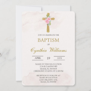 Invitation Croix florale beige baptême