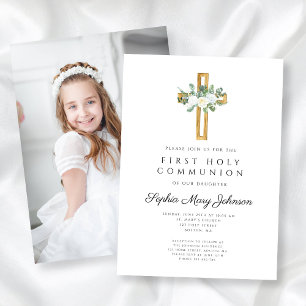Invitation Croix florale blanche Photo de première communion
