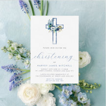 Croix florale bleu foncé Bébé Christening