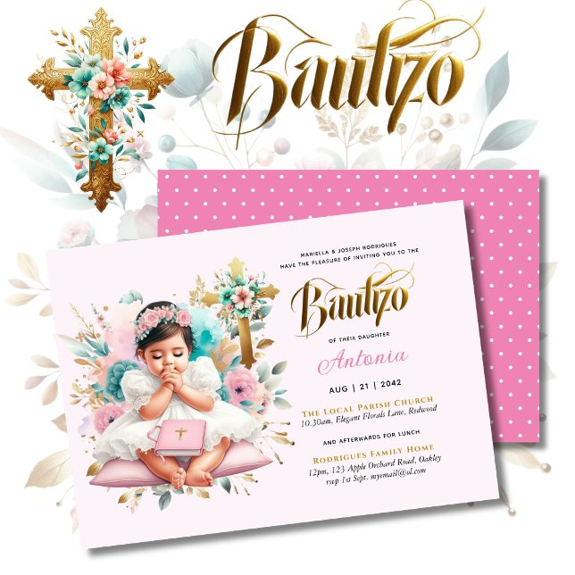 Invitation Croix florale d'or rose BAUTIZO (Créateur téléchargé)