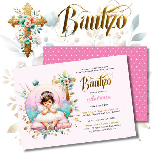 Invitation Croix florale d'or rose BAUTIZO