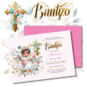 Invitation Croix florale d'or rose BAUTIZO