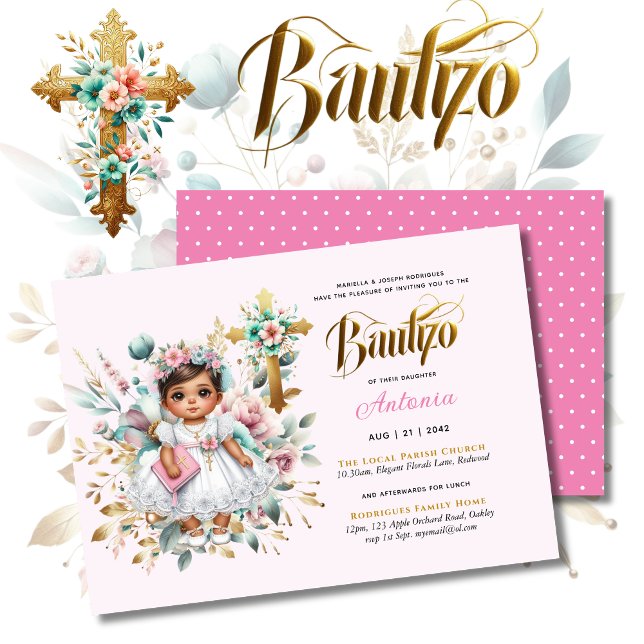 Invitation Croix florale d'or rose BAUTIZO (Créateur téléchargé)