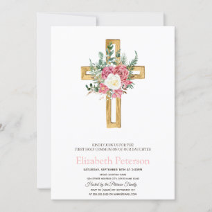 Invitation Croix florale dorée Première Sainte Communion  