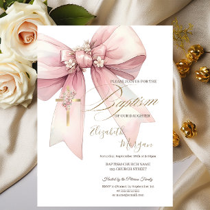 Invitation Croix Florale Dorée Ruban Baptême Rose