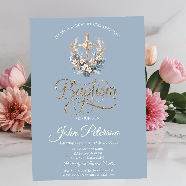 Invitation Croix florale élégant Baptême Dusty Bleu (Créateur téléchargé)