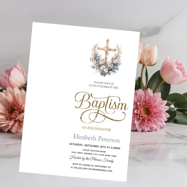 Invitation Croix florale élégant, Baptême pointillé Invitatio (Créateur téléchargé)