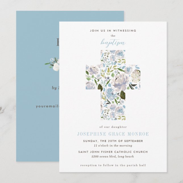 Invitation Croix florale moderne Religieux Baptême bleu clair (Devant / Derrière)