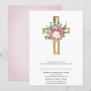 Invitation Croix Florale Or, Première Communion Sainte