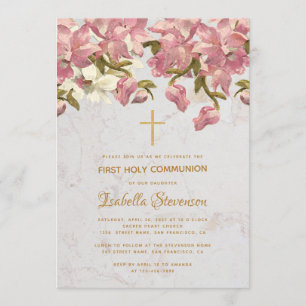 Invitation Croix florale Orchidées roses Marbre Première Comm