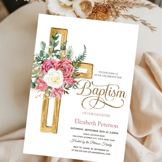 Invitation Croix Florale rose, Baptême pointu (Créateur téléchargé)