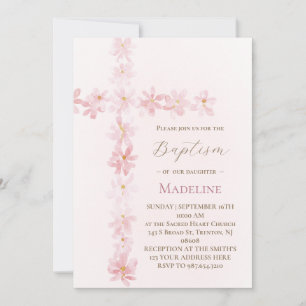 Invitation croix florale rose de baptême