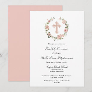 Invitation Croix florale rose Dusty Première communion