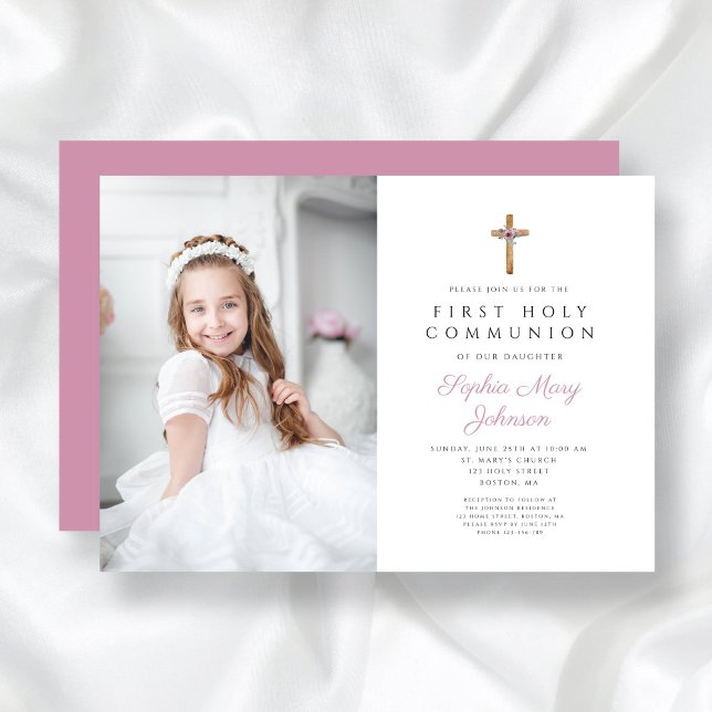 Invitation Croix florale rose mignonne Photo Girl First Commu (Cute Pink Floral Cross Photo Girl First Communion Invitation)