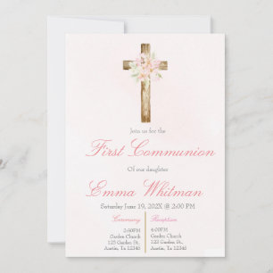 Invitation Croix florale rose première communion 