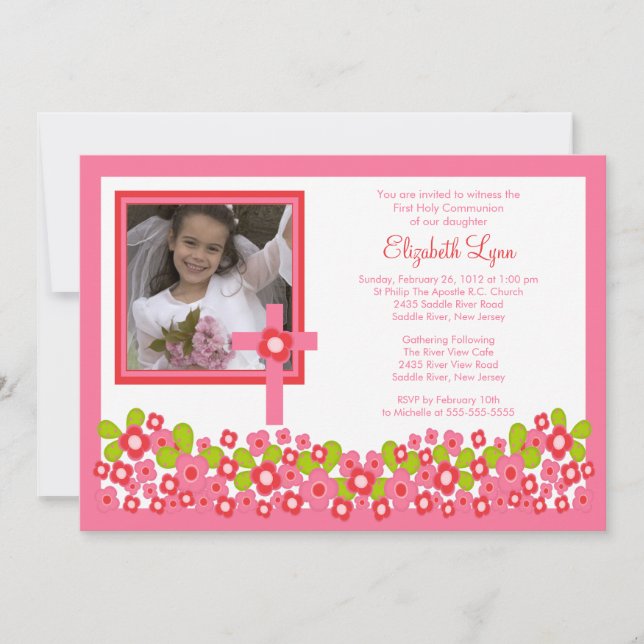 Invitation Croix florale rose - Première communion photo (Devant)