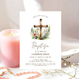 Invitation Croix florale rustique Baptême & Christening