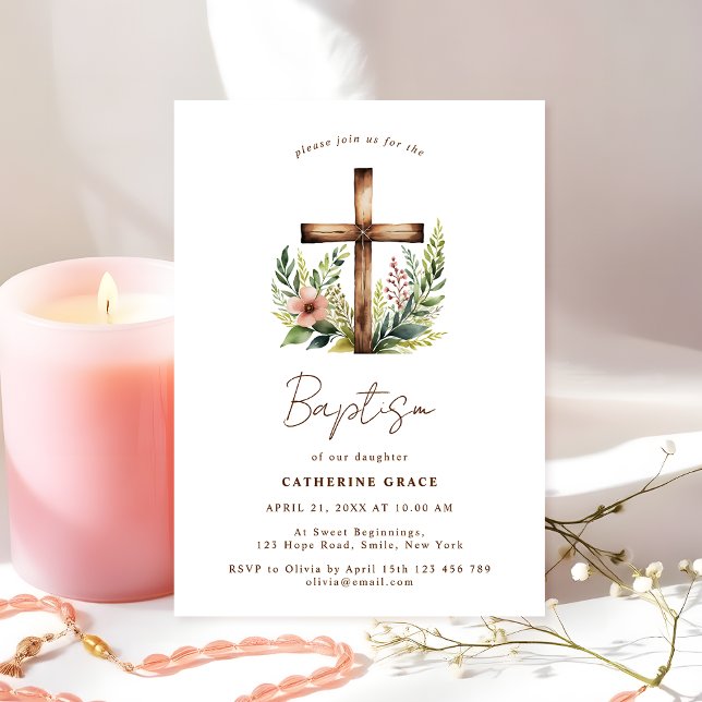 Invitation Croix florale rustique Baptême & Christening (Créateur téléchargé)