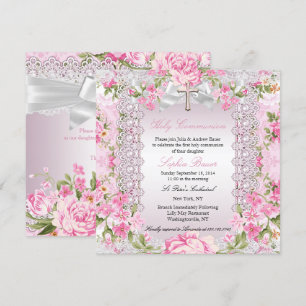 Invitation Croix florale vintage Première communion rose B