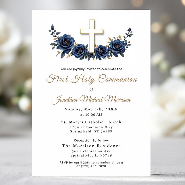 Invitation Croix Marine Blue Gold Floral Première communion (Créateur téléchargé)
