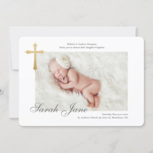 Invitation Croix minimale d'or moderne Baptême photo bébé