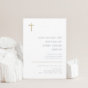 Invitation Croix minimaliste moderne or Baptême